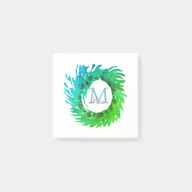 Add monogram pink green green Christmas wreath Post-it Notes (Front)