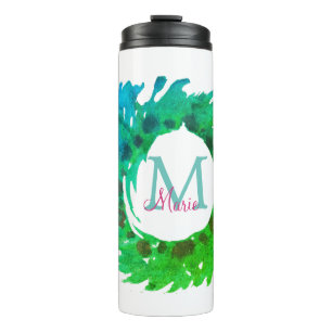 Add monogram pink green green Christmas wreath Thermal Tumbler