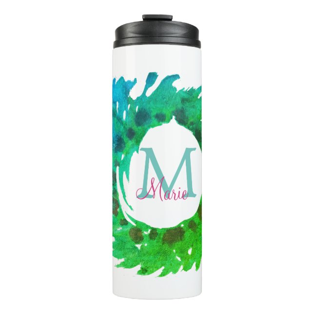 Add monogram pink green green Christmas wreath Thermal Tumbler (Front)