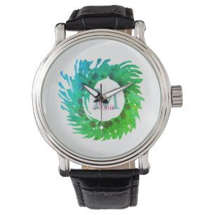 Add monogram pink green green Christmas wreath Watch