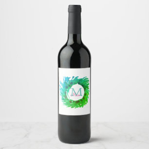 Add monogram pink green green Christmas wreath Wine Label
