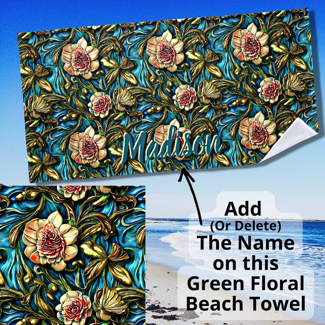 Add Name, 3D Pink Flowers Green Leaves on Blue Beach Towel (Creator Uploaded)
