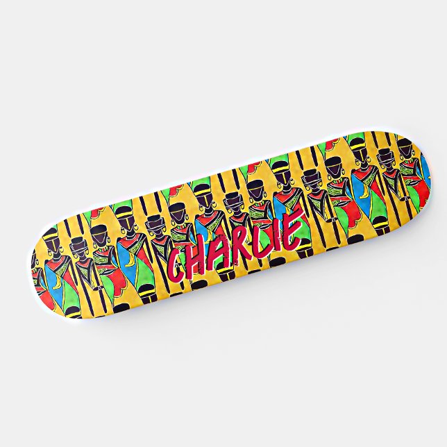 Add Name, Abstract African Figures on Yellow Skate Skateboard (Creator Uploaded)