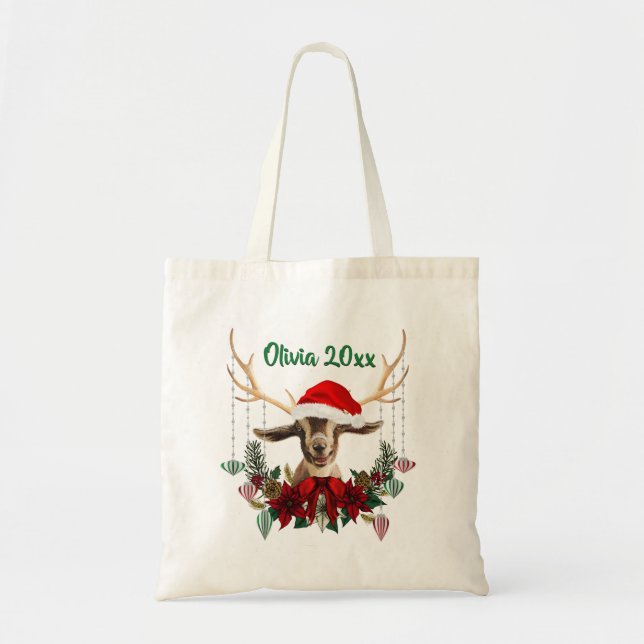 ADD NAME - Adorable Christmas Toggenburg Goat Kid Tote Bag (Front)