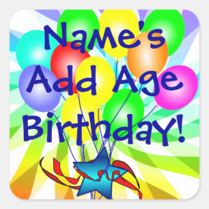 Add Name & Age Birthday Balloons Colourful Square Sticker