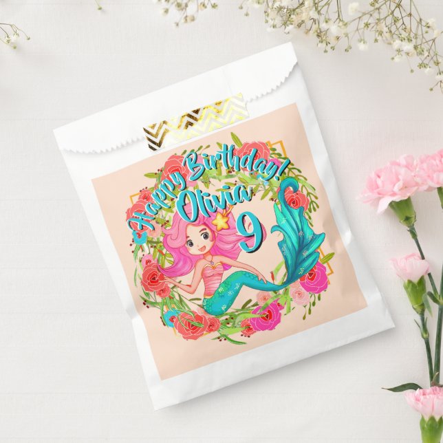 Add Name Age Pink Mermaid Blue Tail Birthday Party Favour Bag (Sealed)