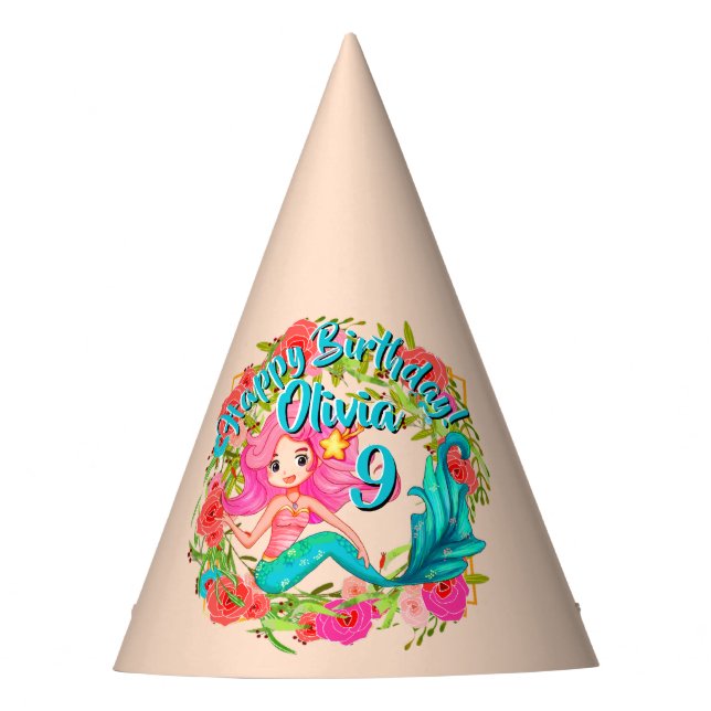 Add Name Age Pink Mermaid Blue Tail Birthday Party Hat (Front)