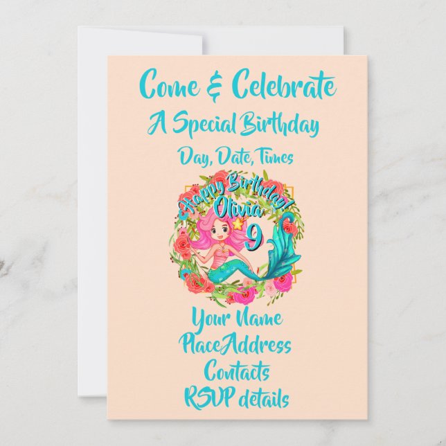 Add Name Age Pink Mermaid Blue Tail Birthday Party Invitation (Front)