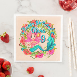 Add Name Age Pink Mermaid Blue Tail Birthday Party Napkin