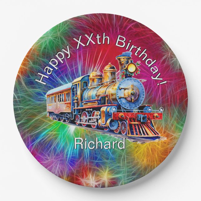 Add Name Age, Steam Train Birthday Party        Paper Plate (Front)