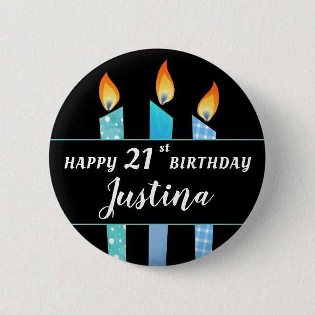Add Name and Age Blue Candles Happy Birthday Gift 6 Cm Round Badge (Front)