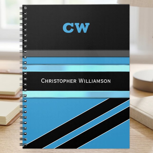 Add name and initials blue black office notebook (Creator Uploaded)