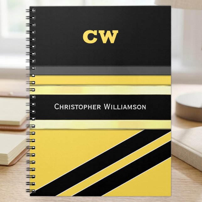 Add name and initials yellow black office notebook (Creator Uploaded)