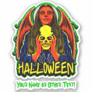 Add Name Angel Zombie Lady Holding Yellow Skull