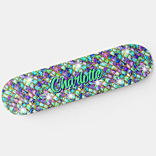Add Name, Aqua Blue Pink Mermaid Scales Skateboard