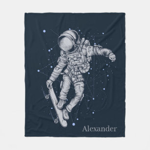 Add Name Astronaut Skateboarder on Midnight Blue  Fleece Blanket