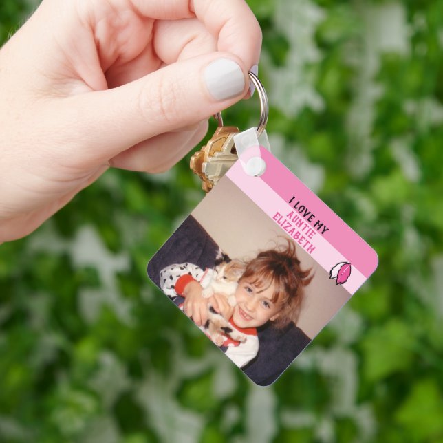 Add name auntie double sided leaves pink key ring (Hand)