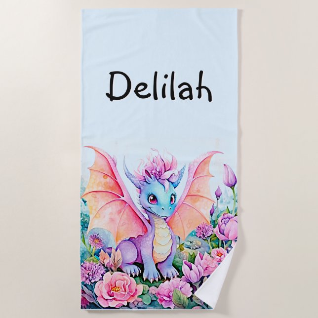 Add Name - Baby Dragon Wings & Flowers on Blue Beach Towel (Front)