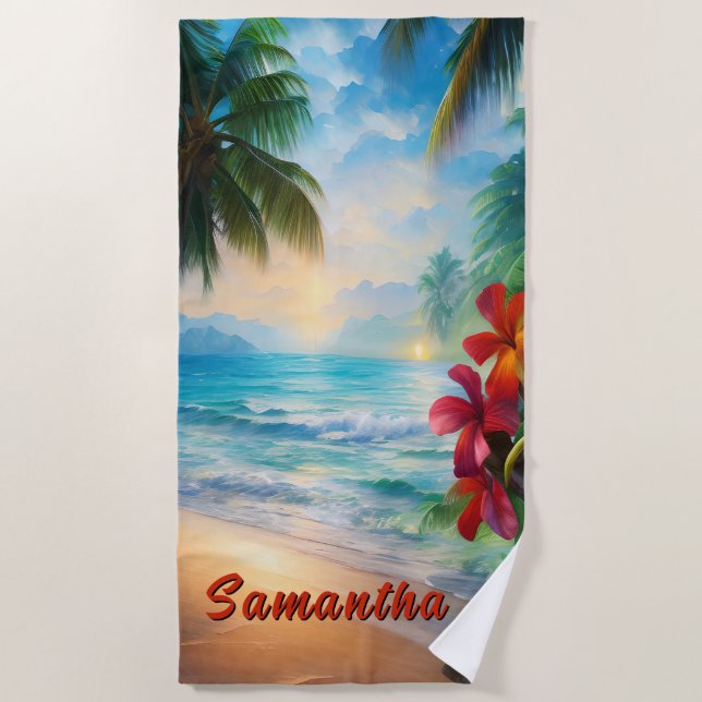 Add Name, Beach Scene with Red Flowers  Towel (Front)