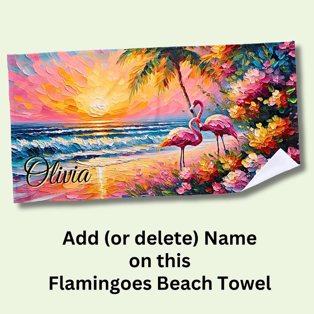 Add Name Beach Sunset Flamingoes Tropical Flowers  Towel (Creator Uploaded)