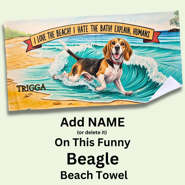 Add Name, Beagle Dog Running in Waves Beach Towel (Creator Uploaded)