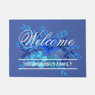 ADD NAME Beautiful Blue Floral Welcome Doormat