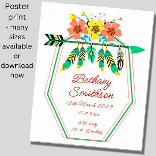 Add Name - Birth Details Feathers Flowers Nursery Poster