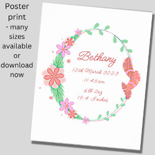 Add Name - Birth Details Flowers Feathers Nursery Poster
