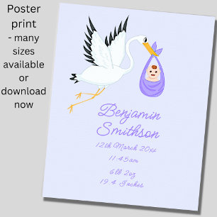 Add Name - Birth Details Stork Blue Baby Nursery Poster