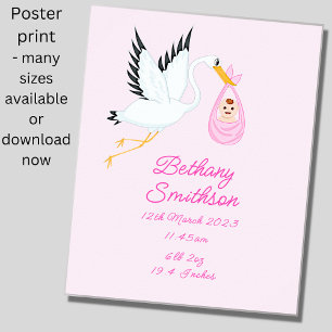 Add Name - Birth Details Stork Pink Baby Nursery   Poster
