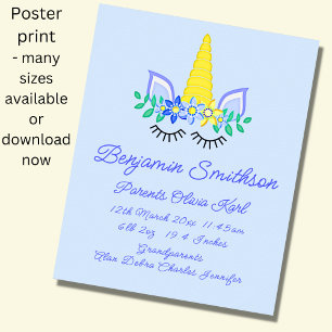 Add Name Birth Details, Unicorn Eyes Blue Nursery  Poster