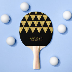 Add Name Black and Faux Gold Triangle Pattern Ping Pong Paddle