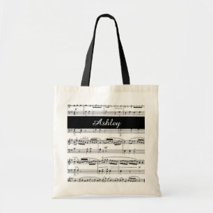 add name, black and white music notes tote bag