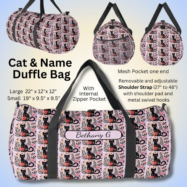 Add Name Black Cat & Flowers on Pink  Duffle Bag (Creator Uploaded)