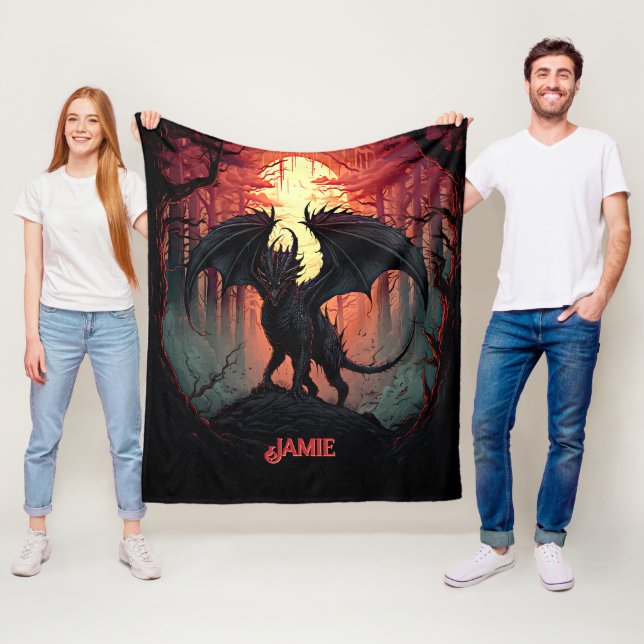 Add Name Black Dragon in Forest at Sunset Fleece Blanket (In Situ)