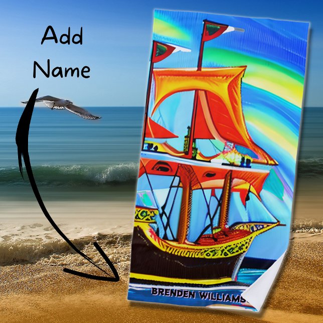 Add Name, Black Gold Pirate Ship Red Orange Sails  Beach Towel (Creator Uploaded)