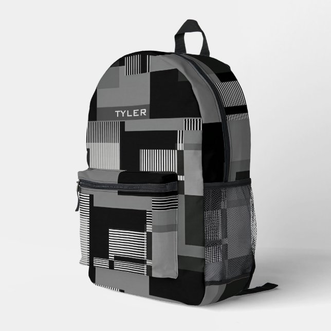  Add Name Black & Grey Abstract Modern Minimal Men Printed Backpack (Back Corner Right)