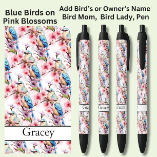 Add Name, Blue Birds on Pink Blossoms Black Ink Pen
