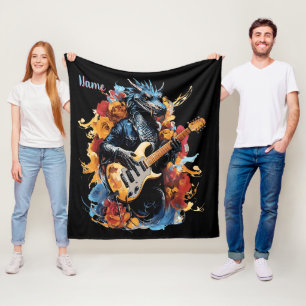 Add Name, Blue & Black Guitar Dragon Musician Fleece Blanket