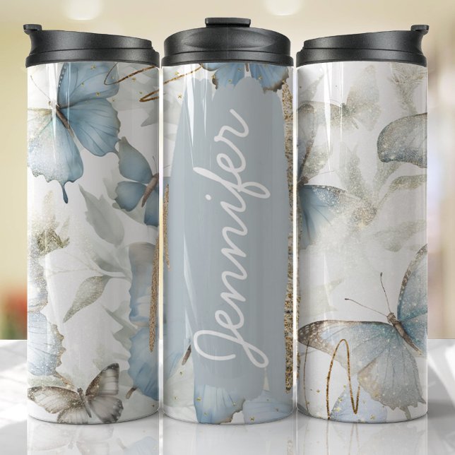 Add Name Blue Butterfly Custom Gift Thermal Tumbler (Floral Tumbler )