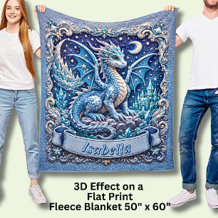 Add Name, Blue Dragon with Castle & Moon  Fleece Blanket