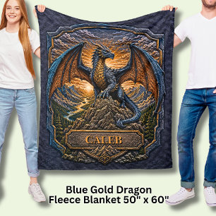 Add Name Blue Gold Dragon on Mountain at Sunrise Fleece Blanket