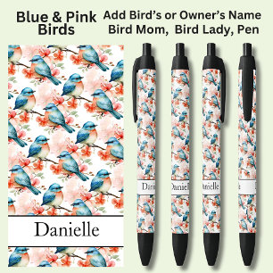 Add Name, Blue & Pink Birds Black Ink Pen