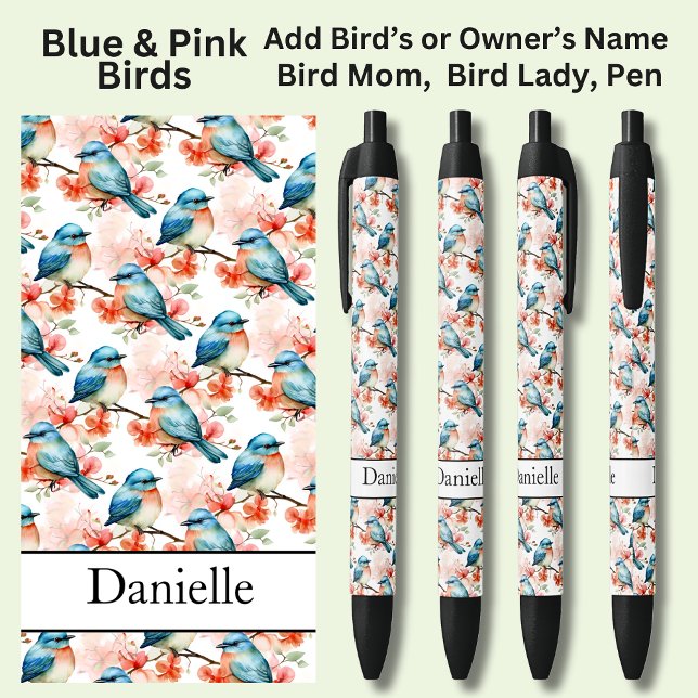 Add Name, Blue & Pink Birds Black Ink Pen (Creator Uploaded)