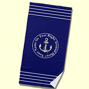 Add Name, Blue White Nautical Anchor & Stripes Beach Towel