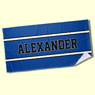 Add Name, Blue & White Nautical Stripes on Blue  Beach Towel