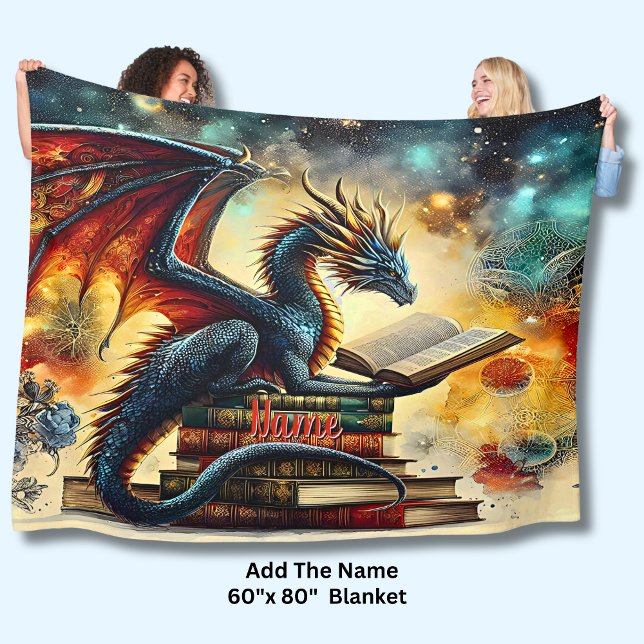 Add Name, Book Dragon for Fantasy Reader Bookworm  Fleece Blanket (Creator Uploaded)