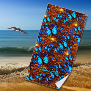 Add Name, Bright Blue Butterflies on Golden Swirls Beach Towel