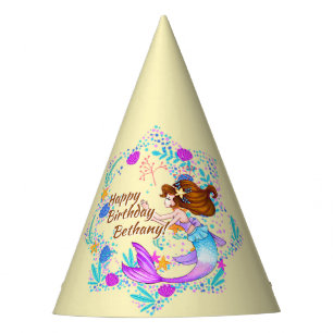 Add Name Brown Hair Mermaid Mauve on Cream Party Hat