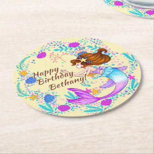 Add Name Brown Hair Mermaid Mauve on Cream Party Round Paper Coaster